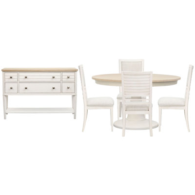 Extendable 54" Round Dining Table With 4 Side Chairs And Sideboard