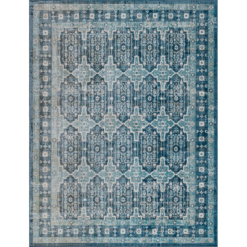 Tapis bleu à motif géométrique , Rectangle 9 pi x 12 pi