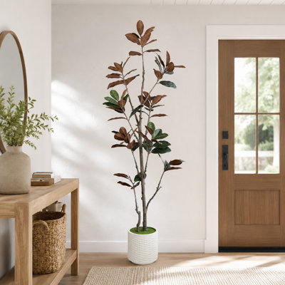 7ft Artificial Magnolia Tree in White Decorative Planter, Tall Faux Indoor Tree, Realistic Decorative Floor Plant for Living Room, Entryway, Office