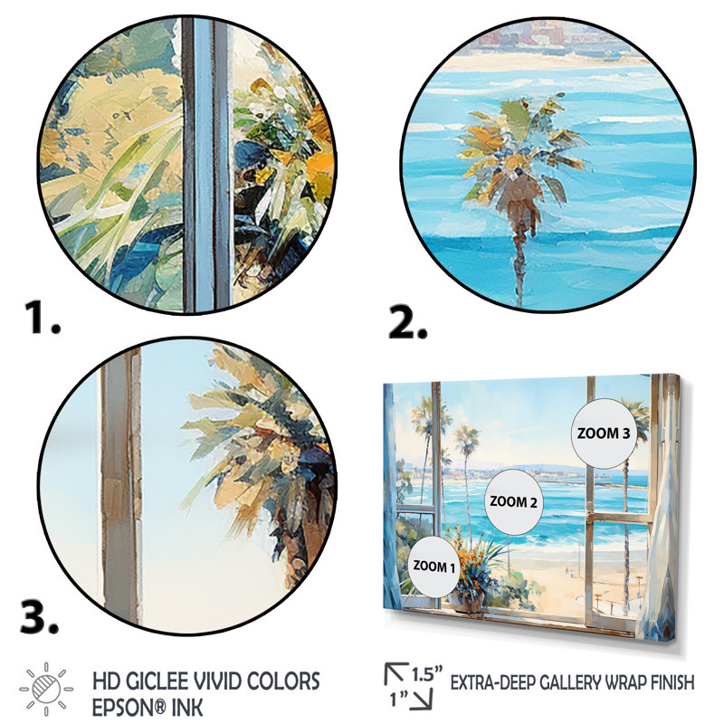 «Coastal Window View By The Beach IV» - art mural côtier, H 12 po x l 20 po x P 1 po, Cadre flottant doré