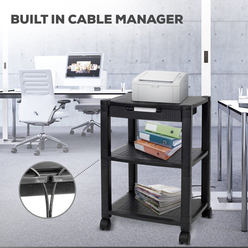 Black Rolling Printer Cart with Storage and Cable Management