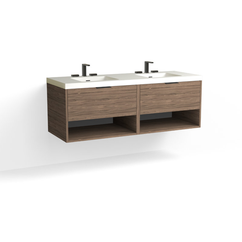 Modo 60" W Wall Mounted Double Bathroom Vanity, Glossy White/Single, Satin Brass, White Acrylic