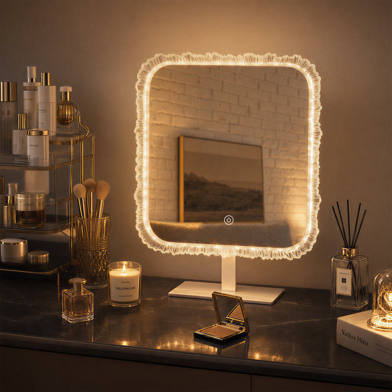 Miroir carré de coiffeuse à DEL avec bordure en cristal Iceberg, éclairage 3 couleurs, gradation continue et commande tactile, miroir de maquillage de table pour la chambre à coucher ou la coiffeuse