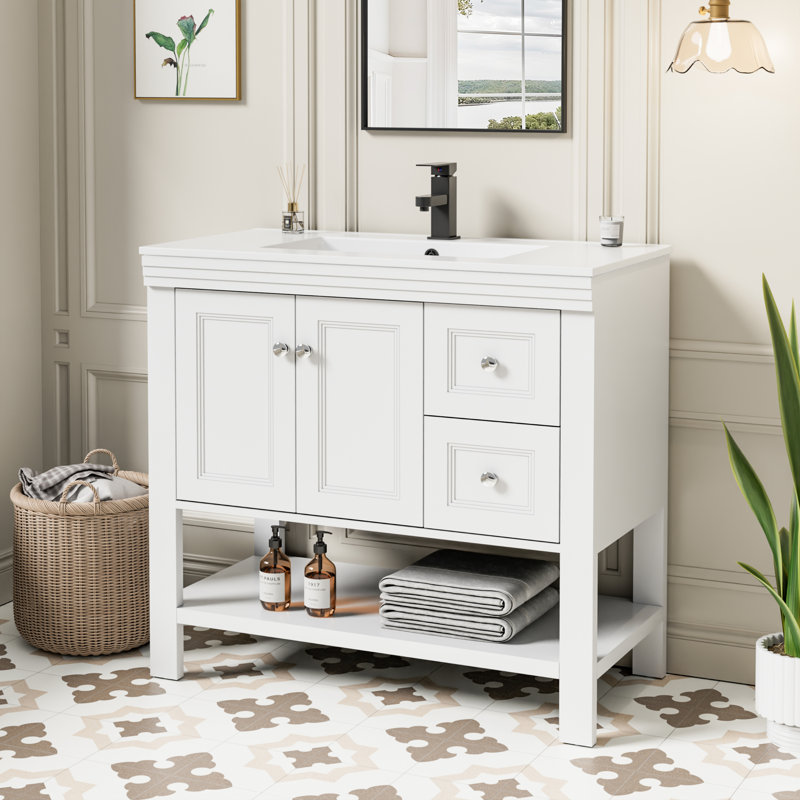Daum 36" Single Bathroom Vanity Set with Sink Top, 2-door Cabinet And 2 Drawers, Hand Paint, White