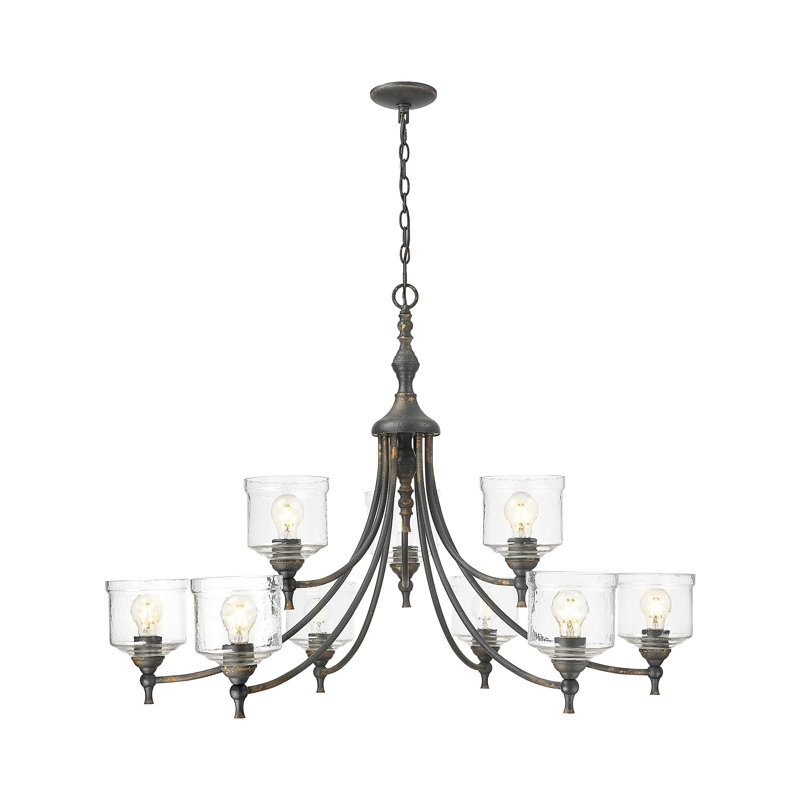 Corder 9 Light Chandelier with Hammered Water Glass Shade, Antique Black Iron