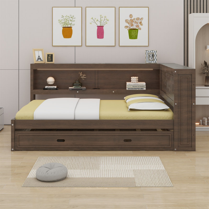 Daybed With Storage Shelves, USB, LED, And Trundle, Antique Wood