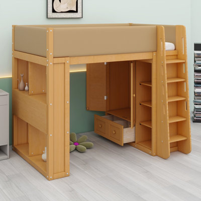 Lit mezzanine avec armoire intégrée, tiroirs, étagères et éclairage DEL d'ambiance pour un rangement gain de place