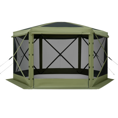 Tente avec abri de jardin escamotable 12 x 12 pi, grand auvent de camping à 6 côtés avec toit amovible et sac de transport, abri de soleil portatif pour 8 à 10 personnes, abri de jardin vert | Idée de cadeau