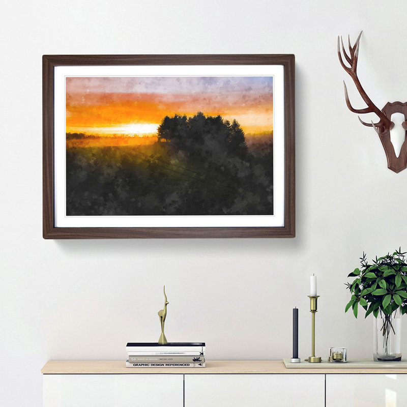 Sunrise over a Meadow - Picture Frame Painting Print, 24cm H x 33cm W x 2cm D, Walnut Framed