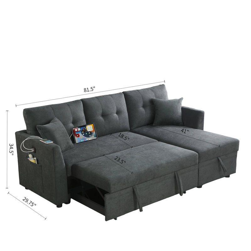 81'5" Convertible Sleeper Sectional Sofa With Pull-Out Bed with USB and Side Pockets, Dark Gray Chenille