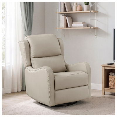 Taupe Swivel Glider Recliner Chair with Nailhead Trim, Top Grain Leather Upholstery, 360-Degree Rotation, Farmhouse Living Room Armchair
