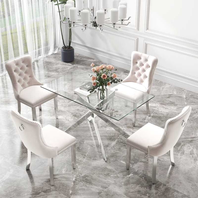 Ensemble de table de salle à manger rectangulaire en verre trempé, table de salle à manger de luxe avec chaise de salle à manger en velours capitonné