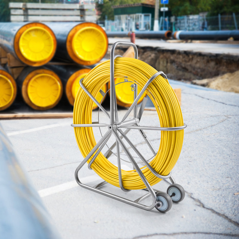 Fish Tape Fiberglass, 656 ft, 5/16 in, Duct Rodder Fishtape Wire Puller, Cable Running Rod with Steel Reel Stand, 3 Pulling Heads, Fishing Tools for Walls and Electrical Conduit, Non-Conductive