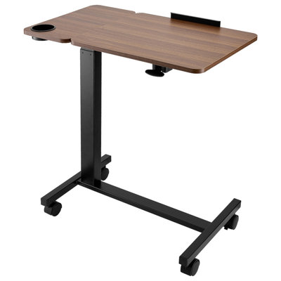 Overbed Table, Height & Angle Adjustable Rolling Laptop Desk with Flip Top & 4 Wheels, Mobile Bed Side Table with Cup Holder, Portable Over Bed Workstation for Home, Office & Study, Wood + Black
