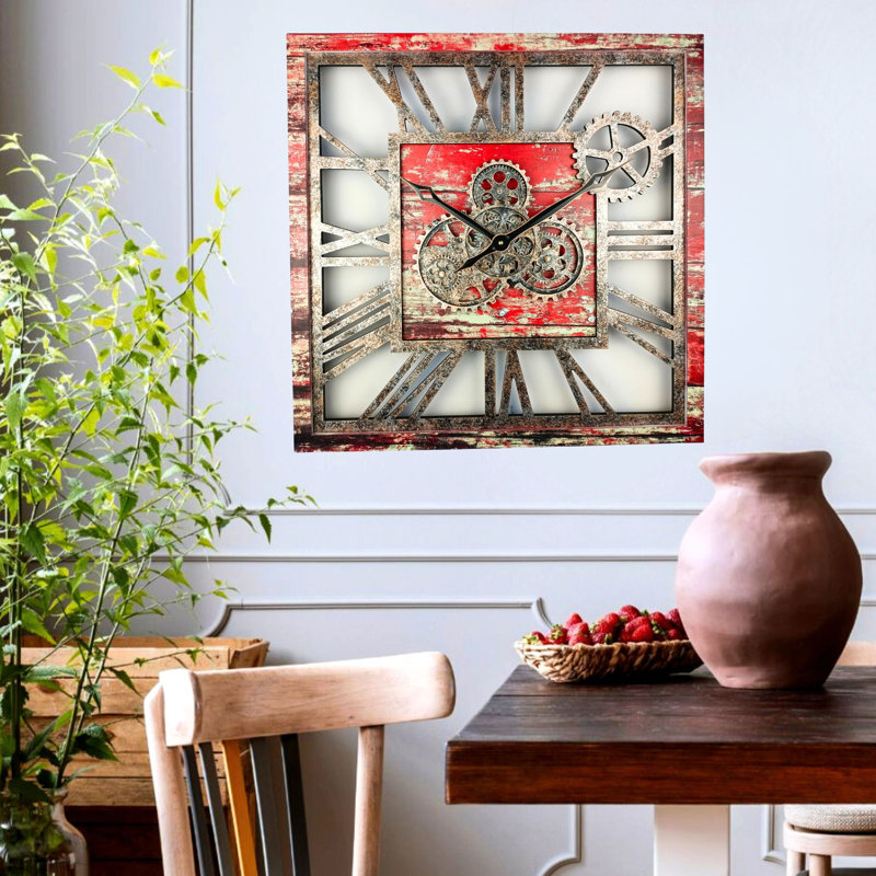 Wall Clock 24" Square Oversized for Living Room decor with Real Moving Gears America Collection, Red