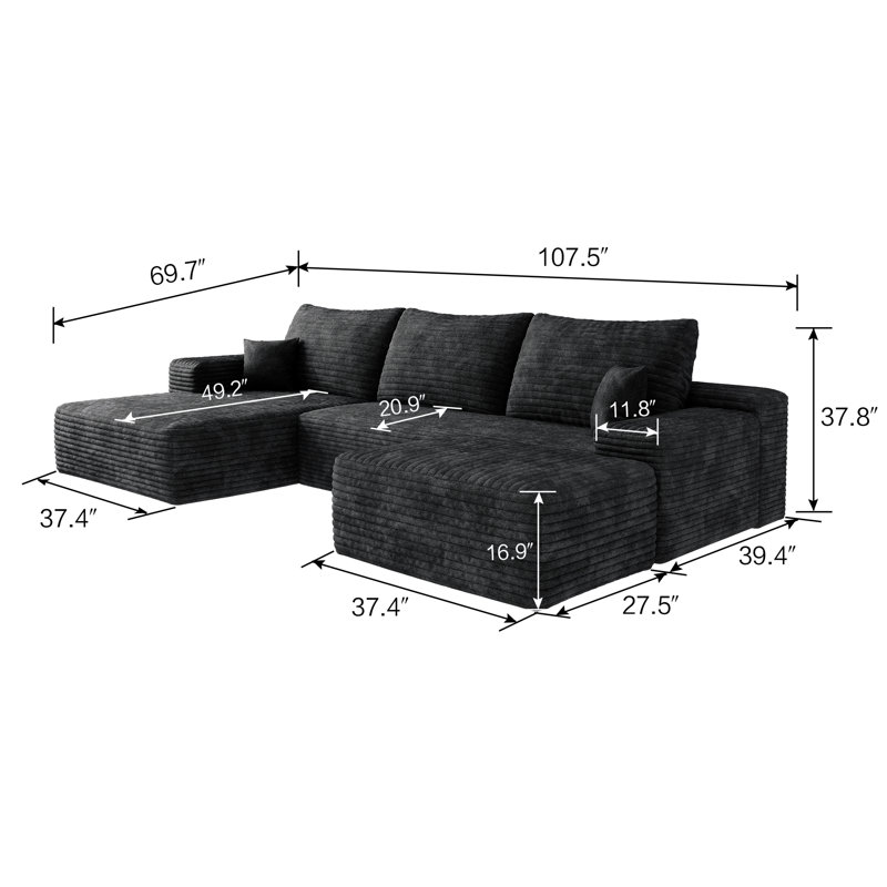 Boneless 107.5" Boneless Sectional Couch Modern Modular U - Shape Corduroy Upholstered Sofa for Living Room - Deep Seat with Chaise and Ottoman(Green, 2 Seater+Left Facing Chaise+Ottoman)