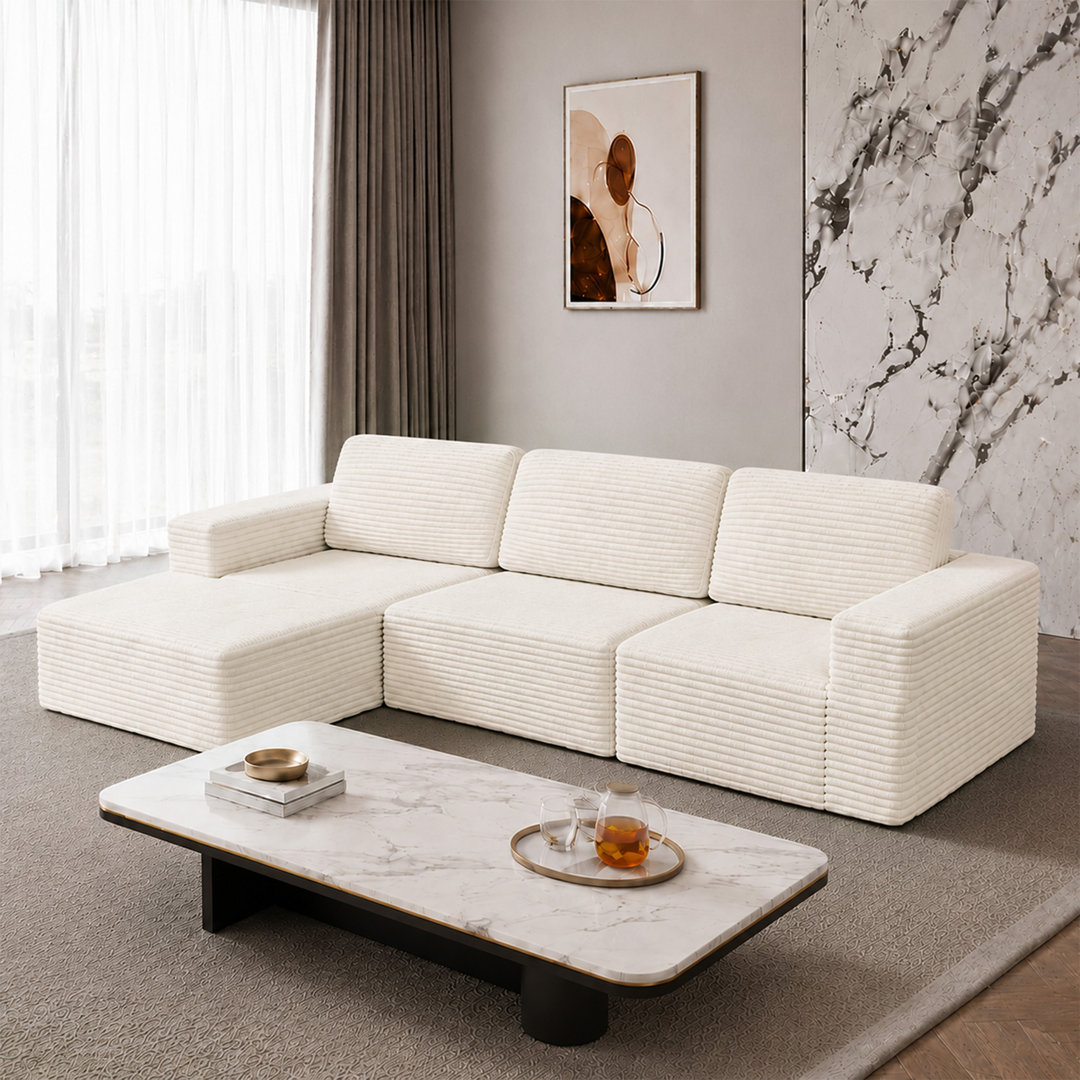 Modular Corduroy 303cm Boneless Sofa With Ottomans, No Assembly Required, With High Rebound Sponge