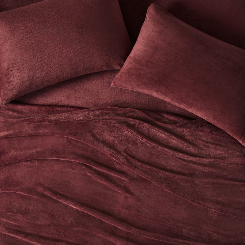 Drap-housse 4 pièces bourgogne - 100% doux et invitant, brossé deux fois pour un fini velours, livré avec un drap plat, 2 taies d'oreiller