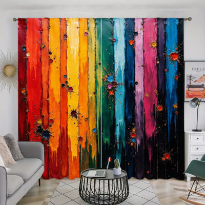 2Pcs Abstract Rainbow Striped Curtains, Paint Splatter Pattern, Rod Pocket Sun Blocking, Modern Art Style, All-Season For Living Room Bedroom Study Window Decor