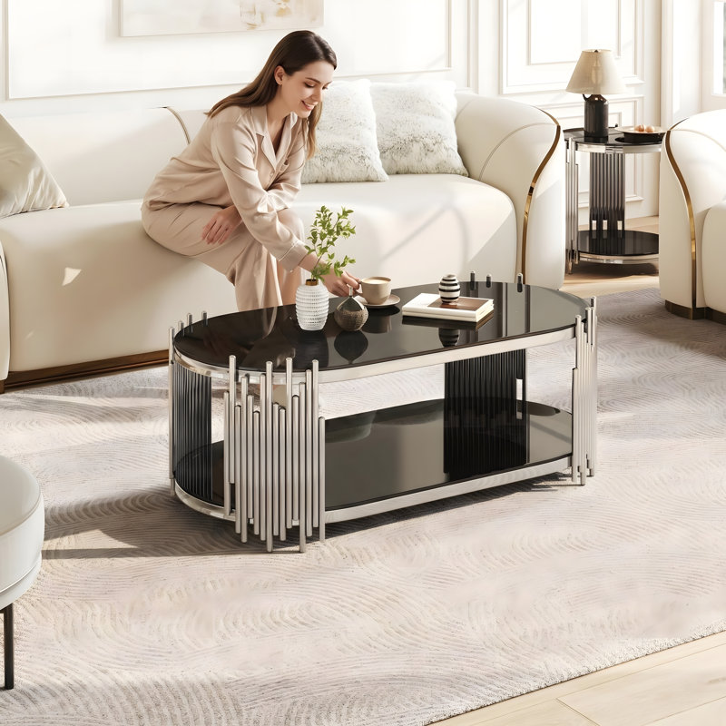 Table basse ovale moderne FFZ 47 po avec étagères à deux niveaux en verre trempé noir et structure en acier inoxydable poli