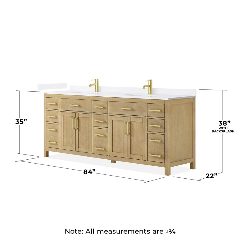Beckett 84" Freestanding Double Bathroom Vanity with Quartz Top, Whitewashed Oak, Brushed Gold, White Quartz