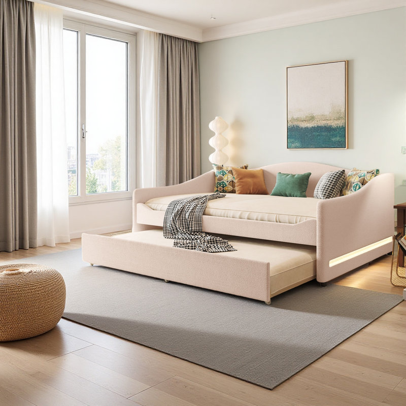 Teddy Fleece Full Size Upholstered Daybed With Light And Trundle, Beige
