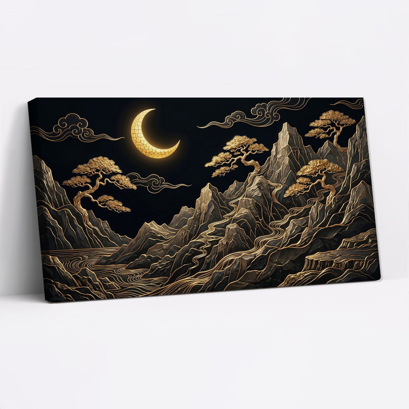 «Black and Gold Mountain Landscape with Pine Trees», art mural sur toile, 40“W x 20”H