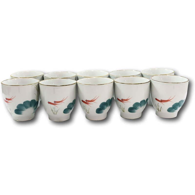 Bayou Breeze Artistique Zen Feng Shui 2 Koi paire de poissons dans un étang à lis en porcelaine blanche en céramique 5 tasses à thé ensemble de tasses à thé Service à domicile cuisine restaurant décoratif (10)