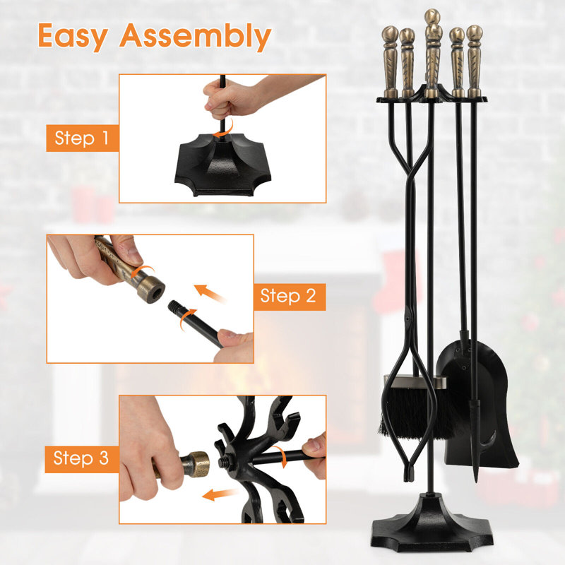 Heavy Duty Black Iron 5-Piece Fireplace Tool Set with Brass Handles