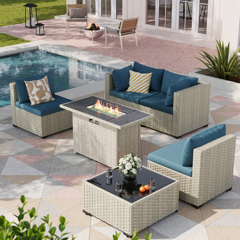 5 Pieces Design-Oriented Rattan Patio Conversation Sets With Fire Pit, Peacock Blue