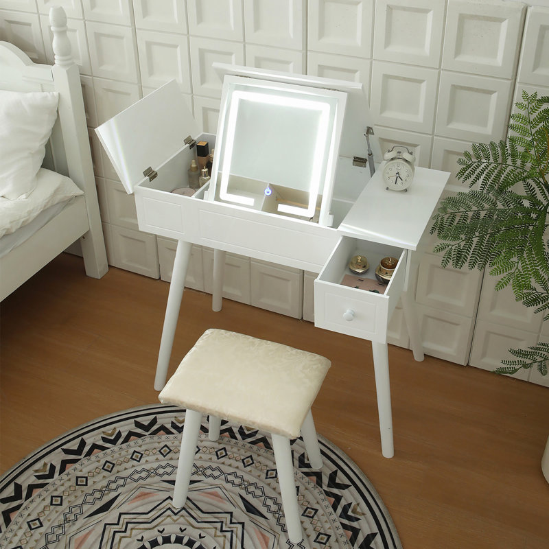 Ensemble de coiffeuse avec miroir à DEL et prise de courant, coiffeuse avec tiroirs et armoire, pour chambre à coucher, salle de bain