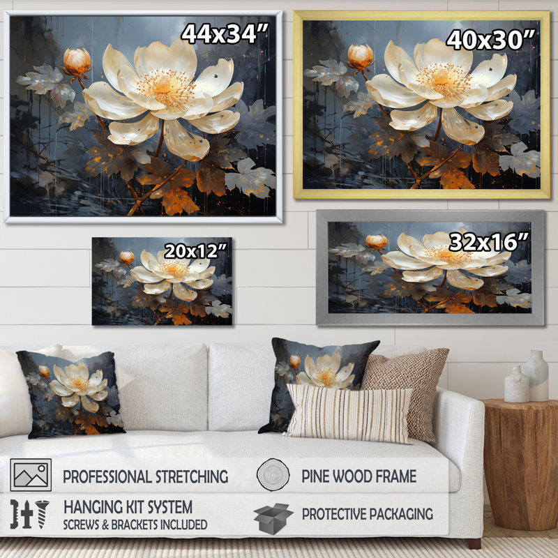 Golden Lotus Tranquility I sur impression sur toile, Cadre simple argenté, H 30 po x l 40 po x P 1,5 po