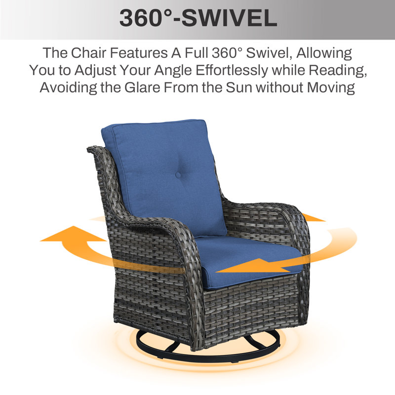 Wendye 3-Piece Outdoor Chair Set With Swivel Chairs & 55K BTU Fire Pit Table, Gray, Blue