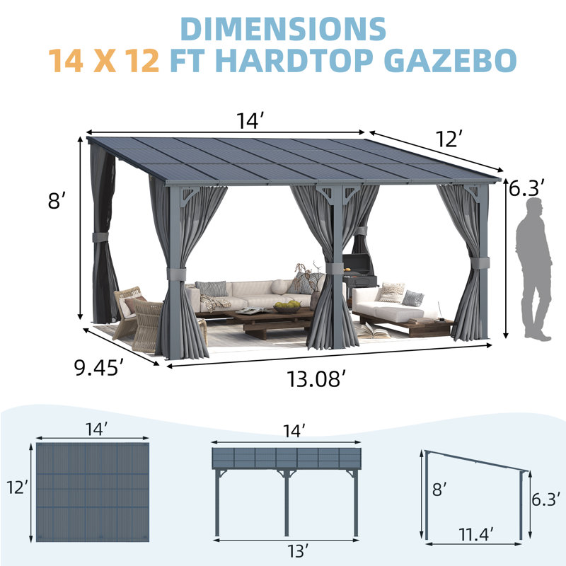 Lean-To Wall-Mounted Pergolas With Curtains And Netting, 96" H x 168" W x 144" D