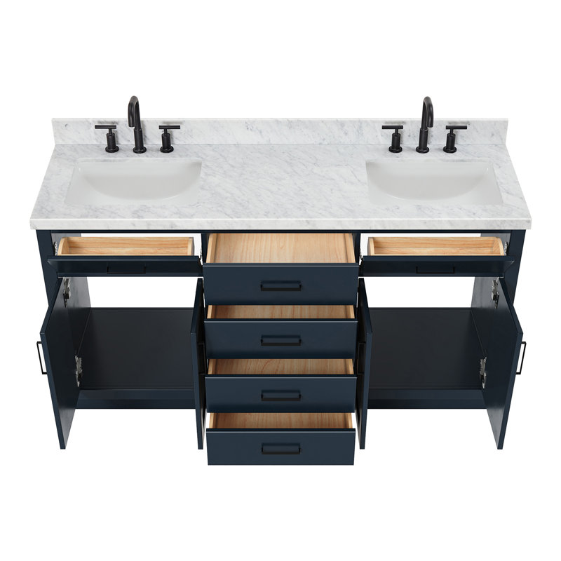 Thornaby 66'' Solid Wood Double Bathroom Vanity with 1.5'' Carrara Marble Top, Rectangular, Midnight Blue / Matte Black