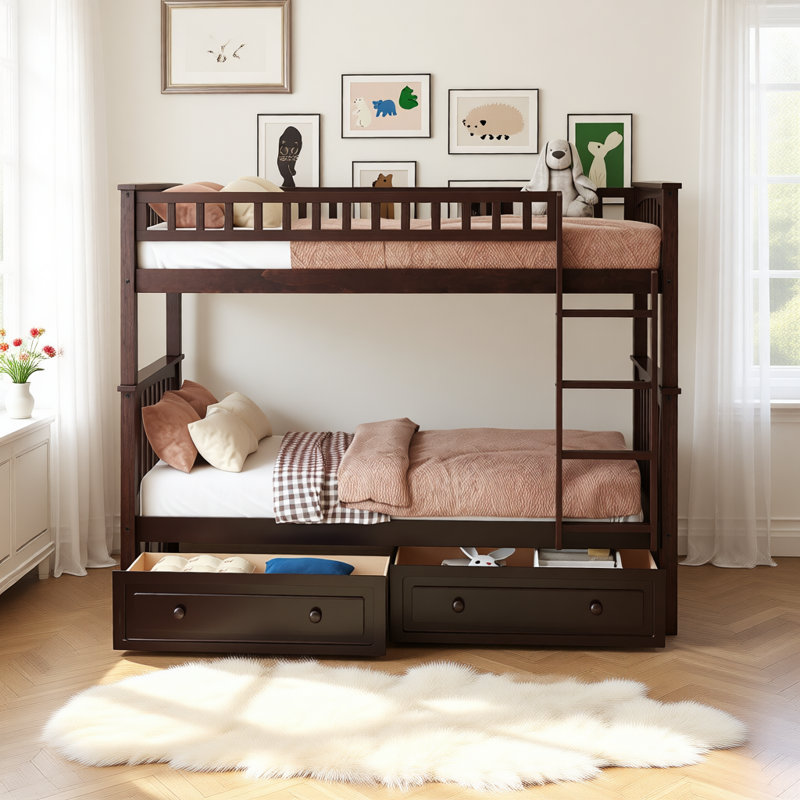 Lit superposé convertible avec tiroirs, structure en bois massif avec barrière de sécurité et rangement sous le lit, Espresso