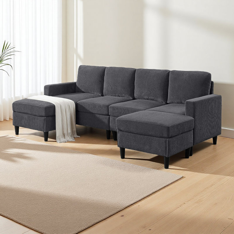 Canapé modulaire rembourré avec 2 repose-pieds, Gris foncé