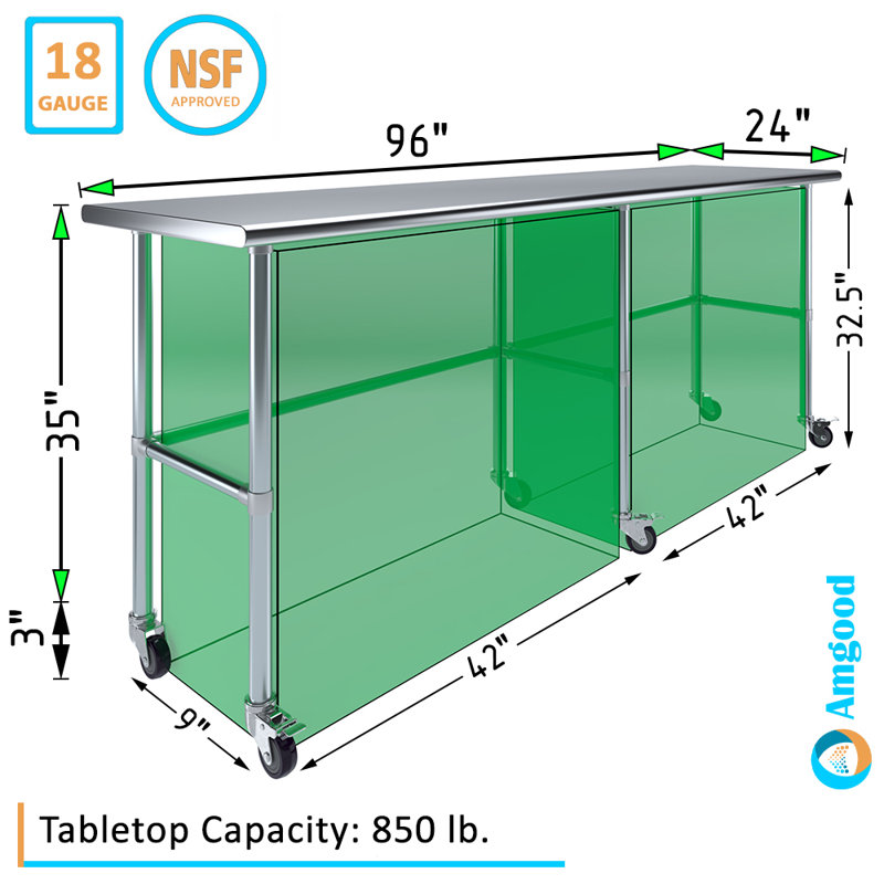 Table de travail en acier inoxydable avec base ouverte et roulettes, H 38 po x L 96 po x l 24 po
