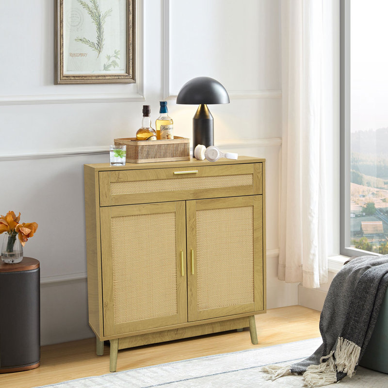 Meuble de rangement Ã  portes en rotin, buffet de salle de bain avec grand tiroir, meuble de rangement autonome Ã  2 portes et 1 tiroir
