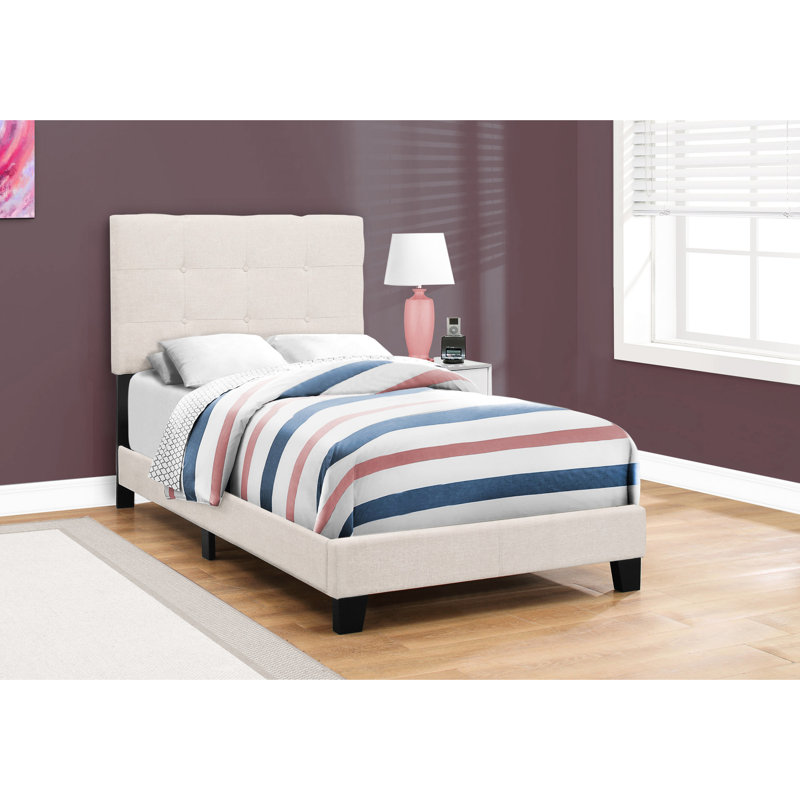 Lit simple tapissier pour chambre à coucher, tissu beige, structure de chambre à coucher taille construction, revêtement, rembourrage en mousse