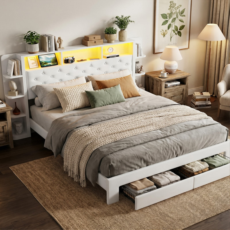Smart LED White Velvet Upholstered Storage Bed With Bookcase Headboard & Charging Station (USB/Type-C), 140X200cm European Double / 160X200cm King, 2 Drawers Upholstered Frame