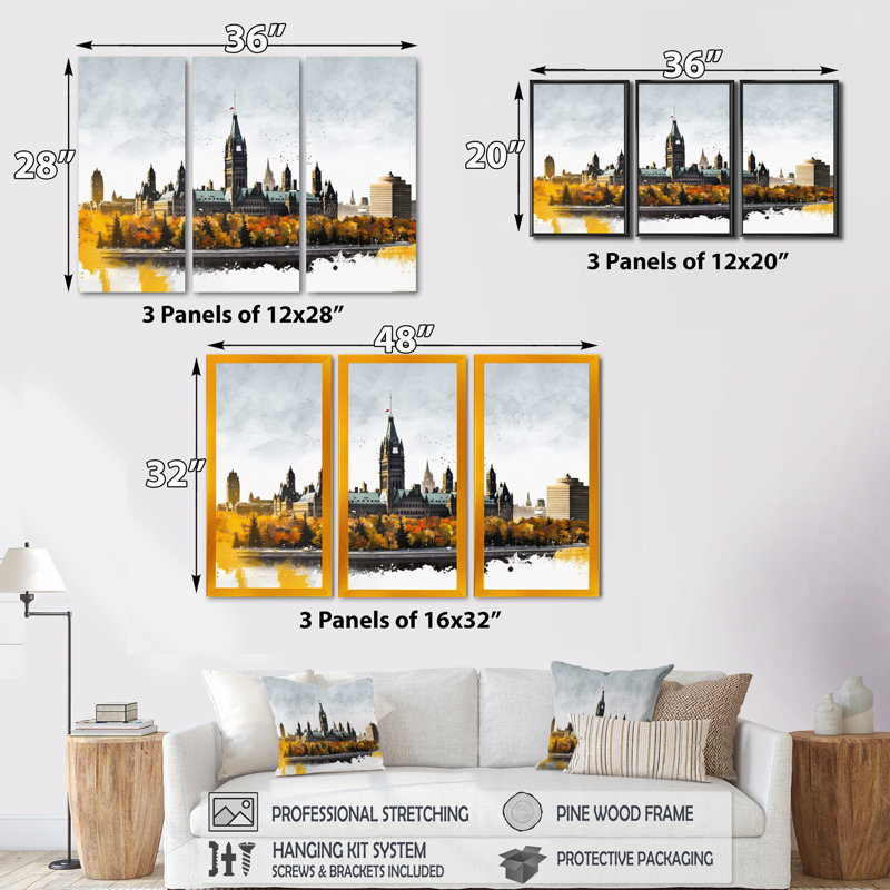 Ottawa in the Fall I - 3 pièces sur toile, H 32 po x l 48 po x P 1 po, Toile tendue
