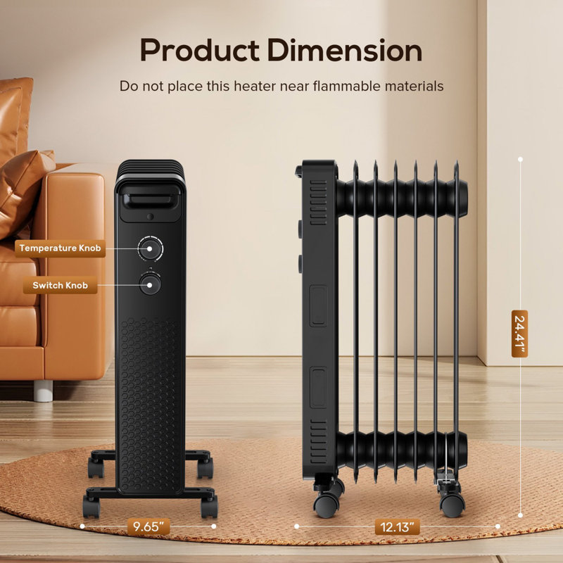 Chaufferette électrique d'intérieur 1500 W à tour rayonnante remplie d'huile avec thermostat, Noir