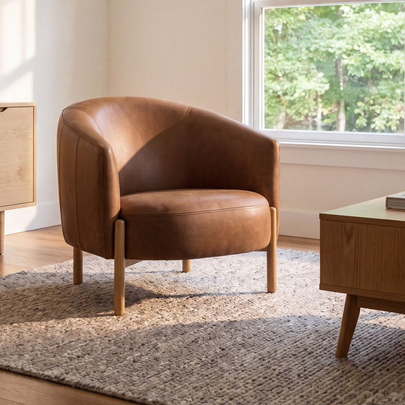 Beton Upholstered Barrel Chair, Palermo Cognac Genuine Leather