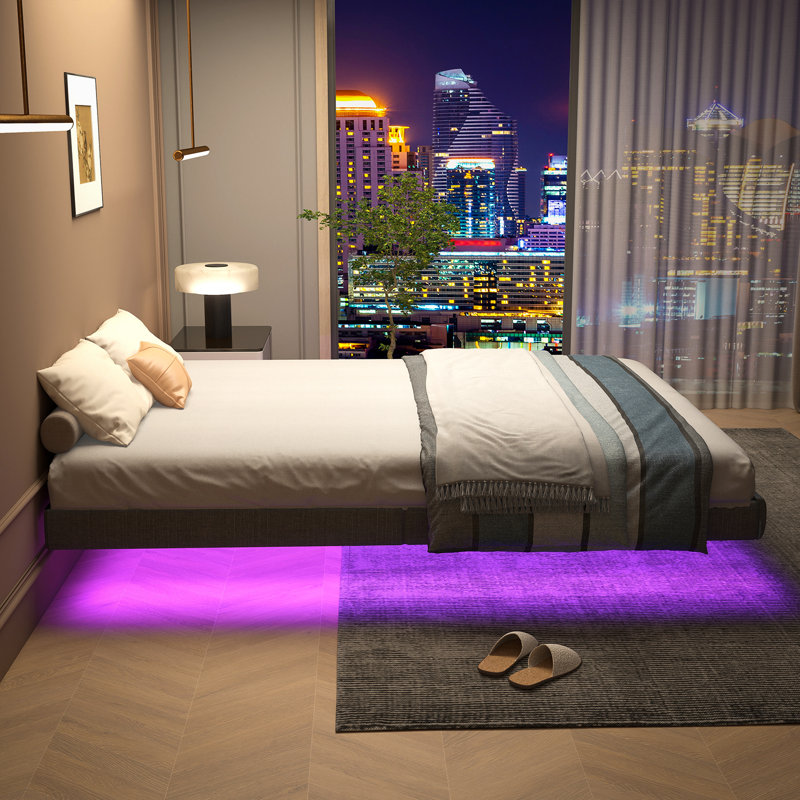 Cowen Floating Bed Frame with LED Lights Metal Slats Underbed Storage Space No Box Spring, Queen, Gray