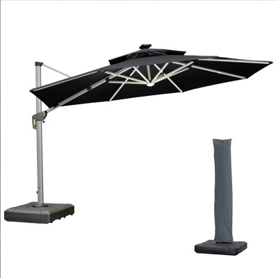 12’ Round Lighted Patio Umbrella With Base And Umbrella Cover,Black