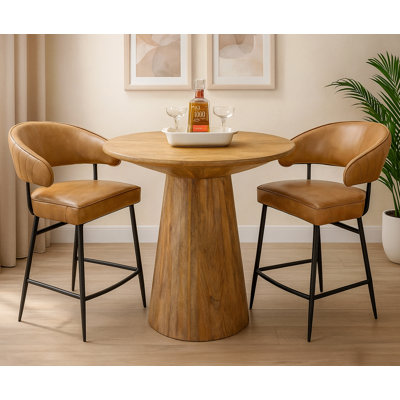 Gluck 36" Counter Table Set With 2 Barrett Counter Chairs In Caramel Authentic Leather