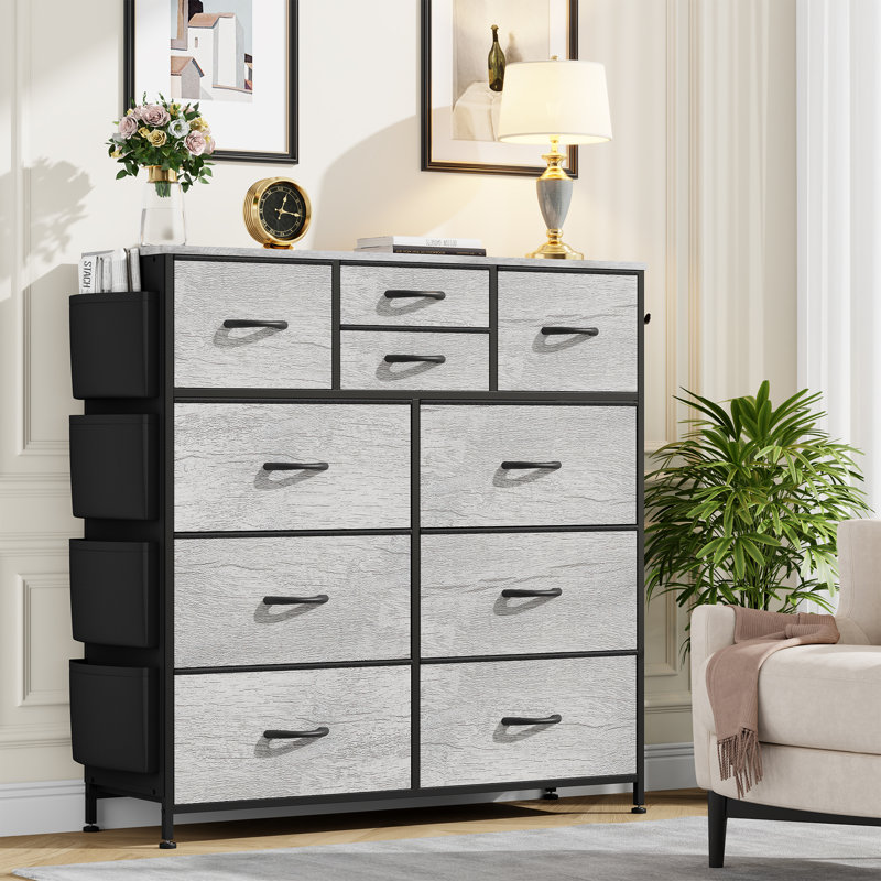 Sienna-Marie 10-Drawer Dresser for Bedroom with Side Pockets & Hooks, Wide Chest of Drawers with Fabric Bins & Metal Frame, Storage Organizer for Closet, Living Room, Dorm, Rustic Wood Top