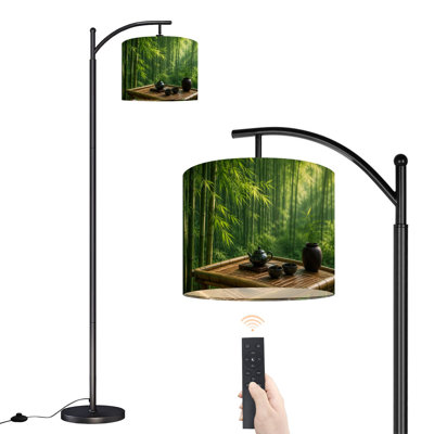 Lampe sur pied arquée avec abat-jour réglable, motif bambou forêt, lampe sur pied à 3 températures de couleur, intensité variable, avec interrupteur au pied pour chambre à coucher