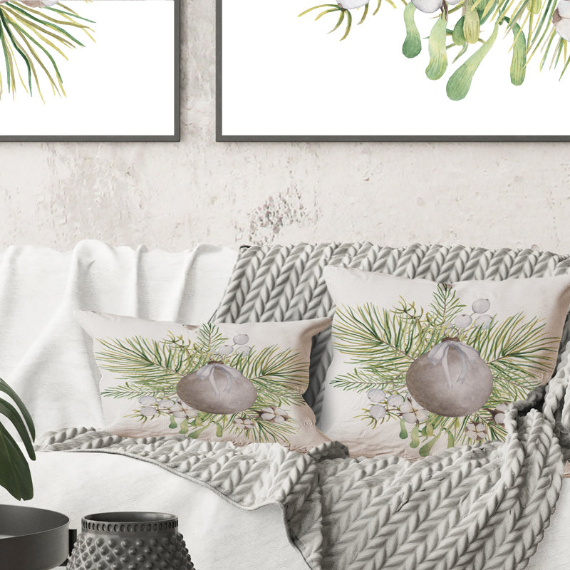 Bouquet de Noël floral avec coton, branches II - coussin décoratif traditionnel, 18 po x 18 po